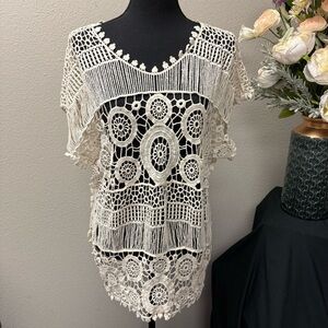 Marci 2X Cream Crochet Boho Fringe Tunic Top 100% Cotton Festival Beach